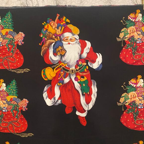 Christmas Theme Print Fabric Panel Santa Claus Bag Of Toys Black Red 29” x 44” - Picture 2 of 9